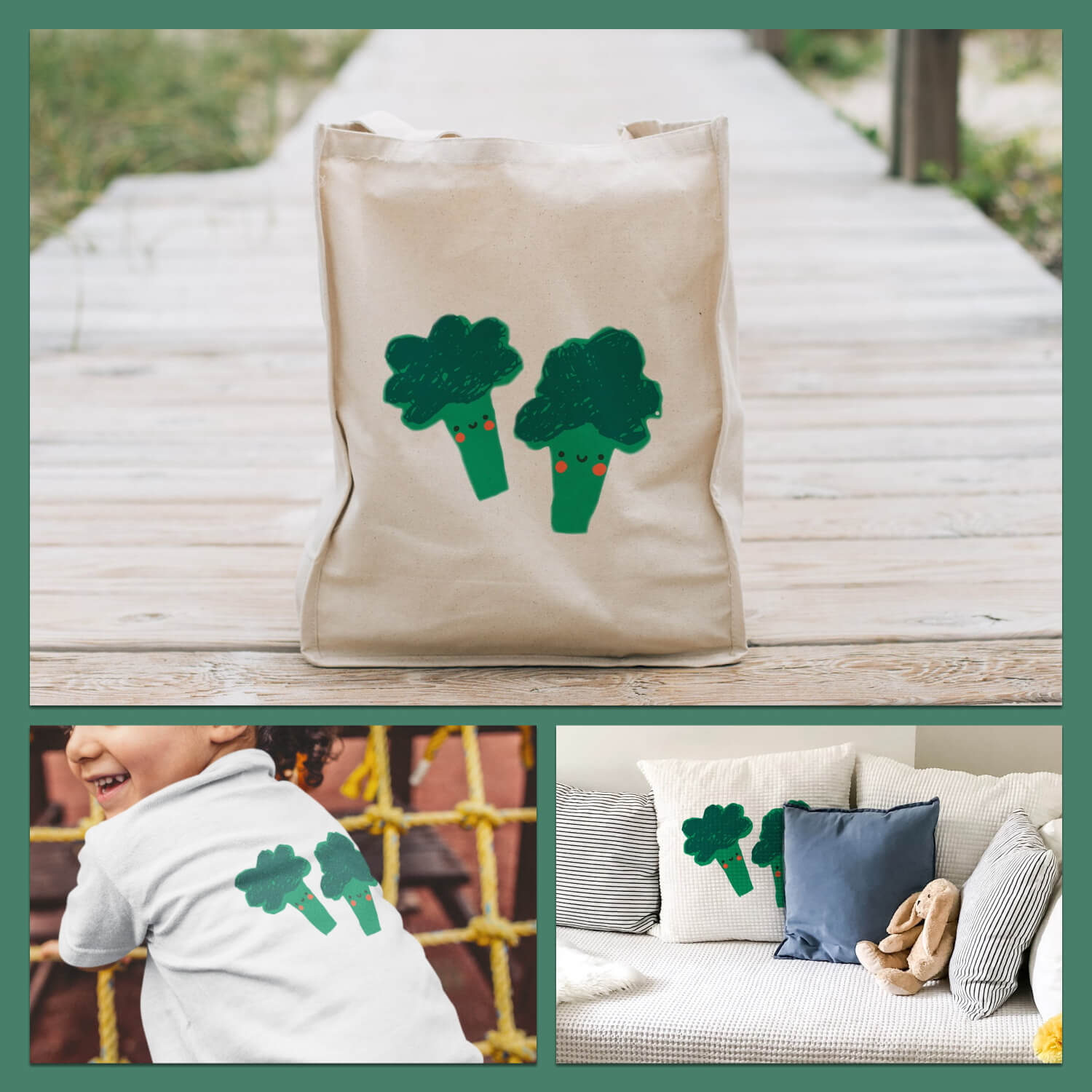 Images of cheerful broccoli on a bag, on a sweater and on a pillow.