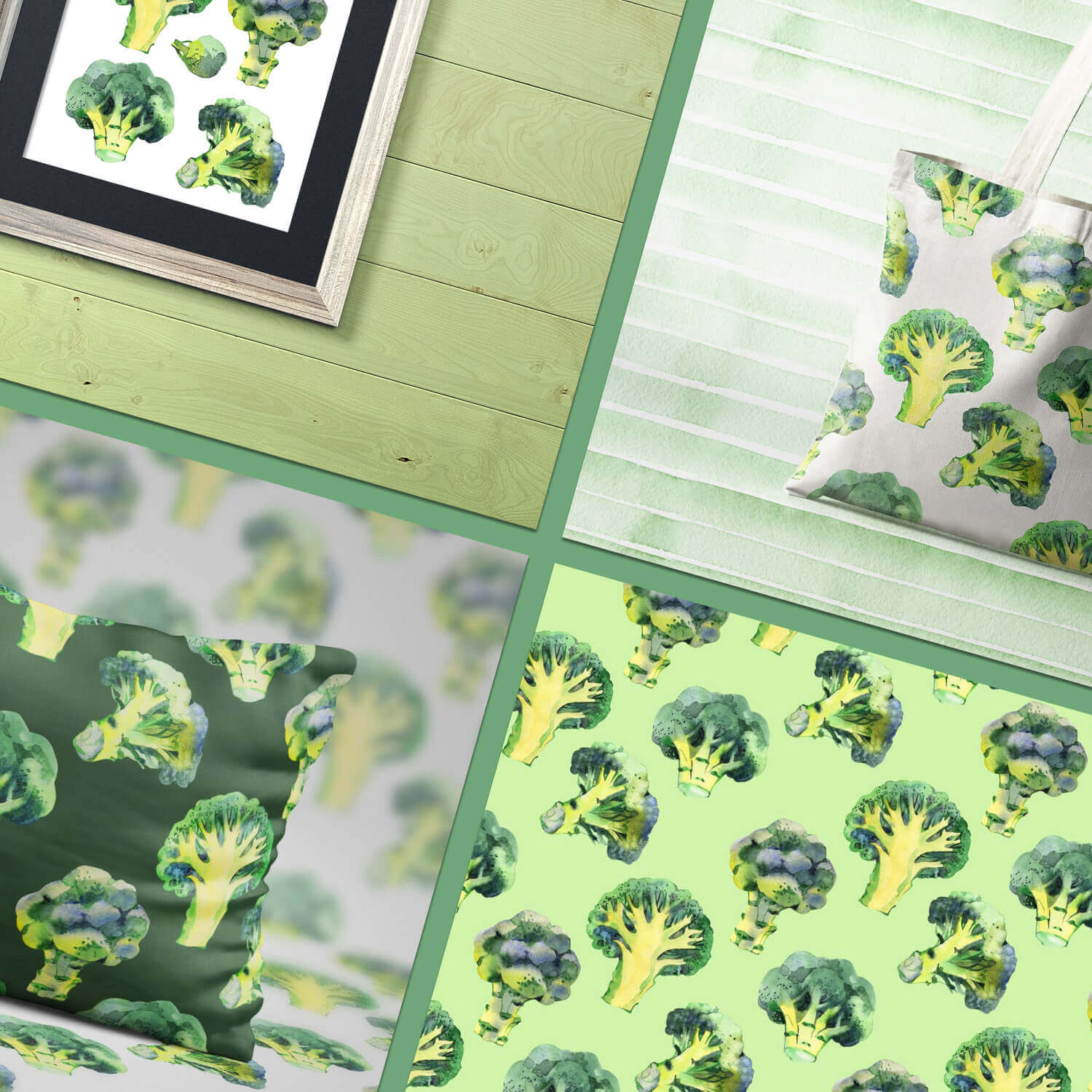 Four pictures with examples of the use of broccoli print.