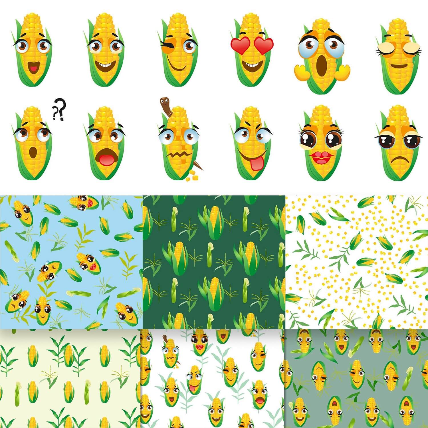 Ears of corn are drawn with eyes and a mouth.