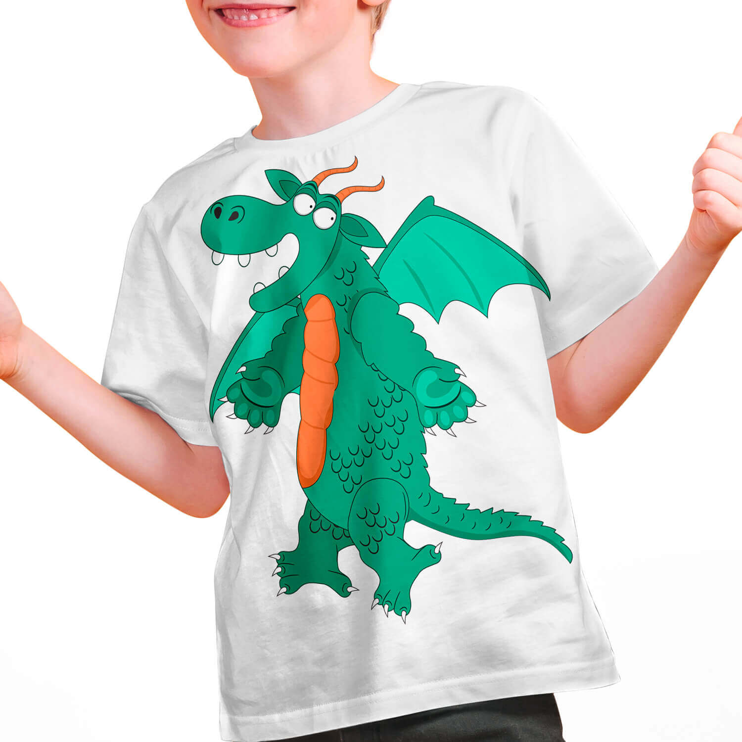 The boy's white t-shirt features a small, cheerful dragon.