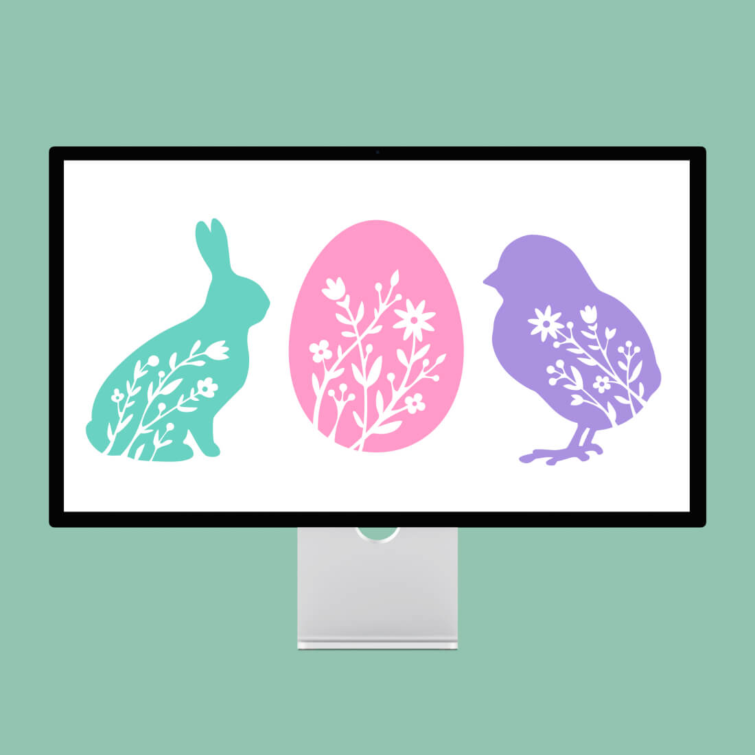 Floral Easter pink egg, chick and rabbit on a monoblock monitor.