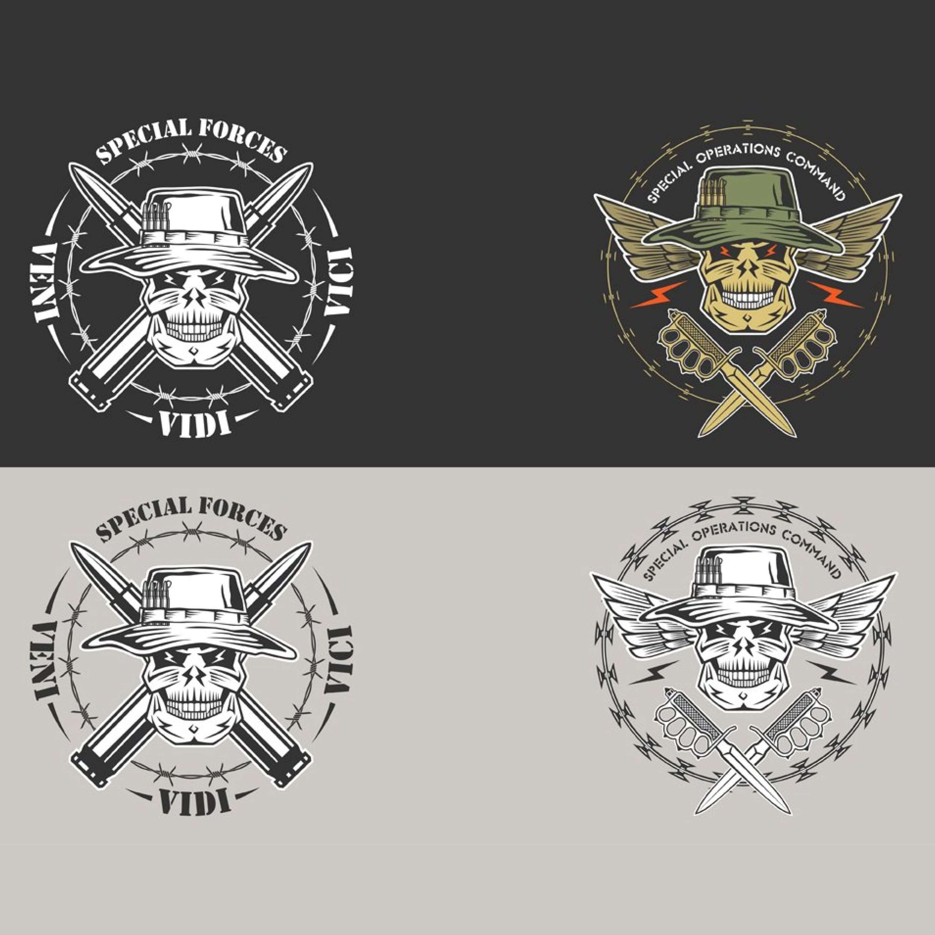 Skulls of militarized people on black and gray backgrounds.