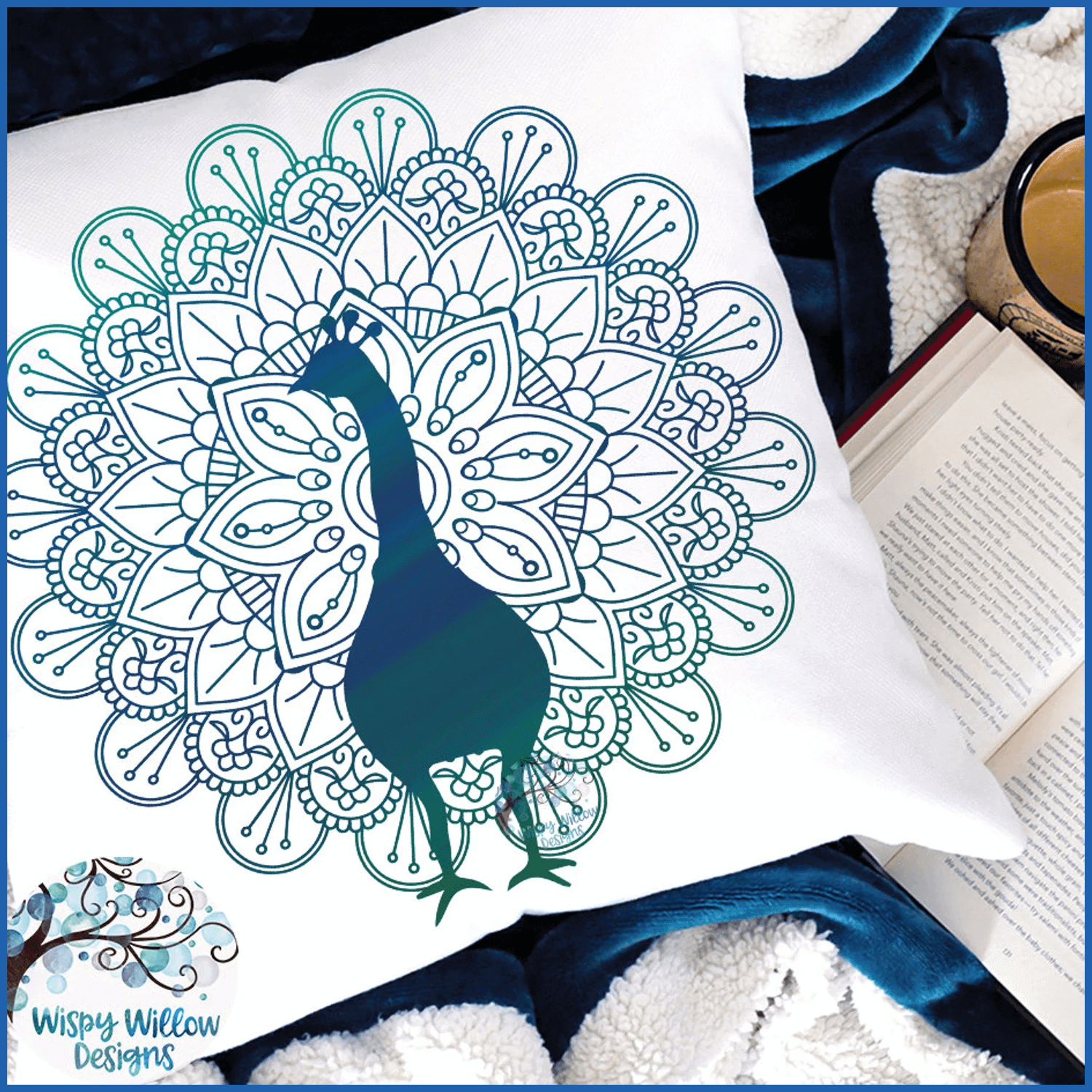 The outline of a blue peacock is drawn on a white pillow.