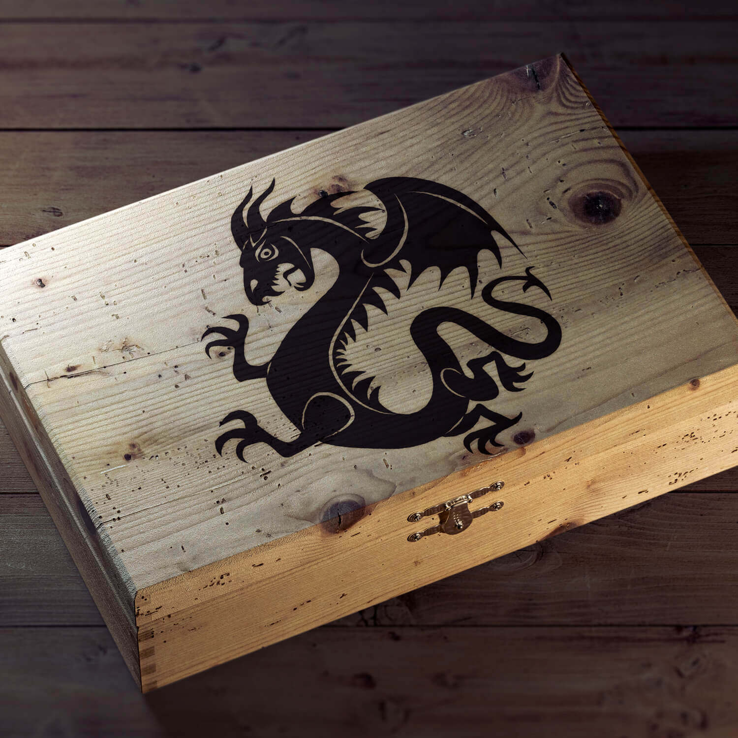 A silhouette of a wild dragon is depicted on the wooden piggy bank.
