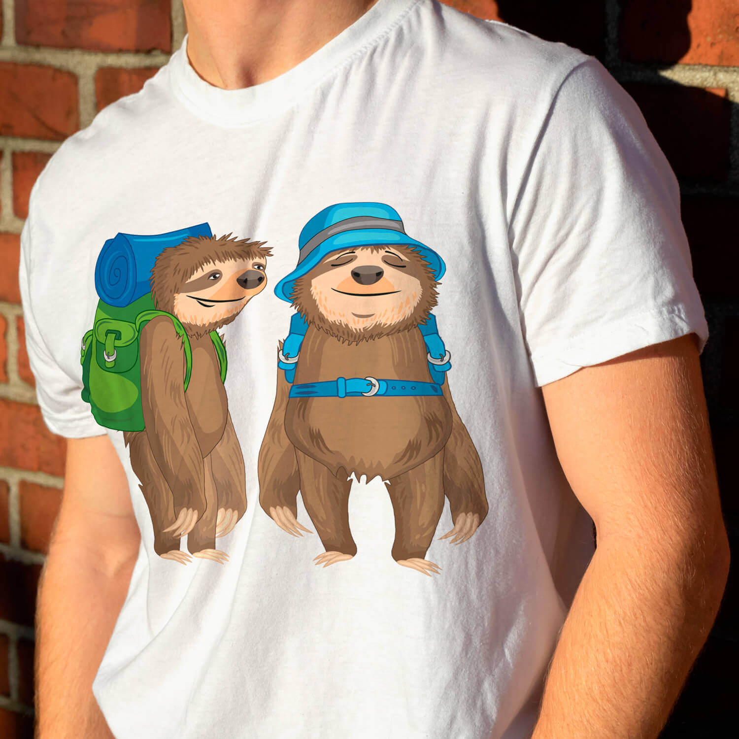 Man wearing a t - shirt with two slotty bears on it.