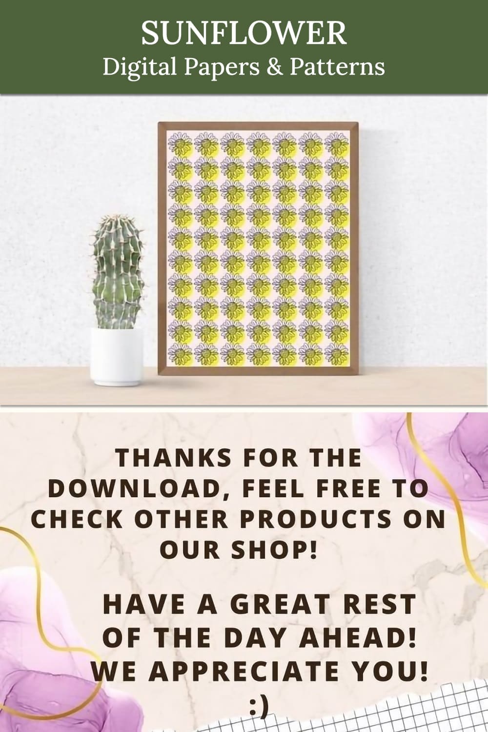 Sunflowers digital pattern with Inscription: Thanks for the download, Feel free to check other products on our shop!