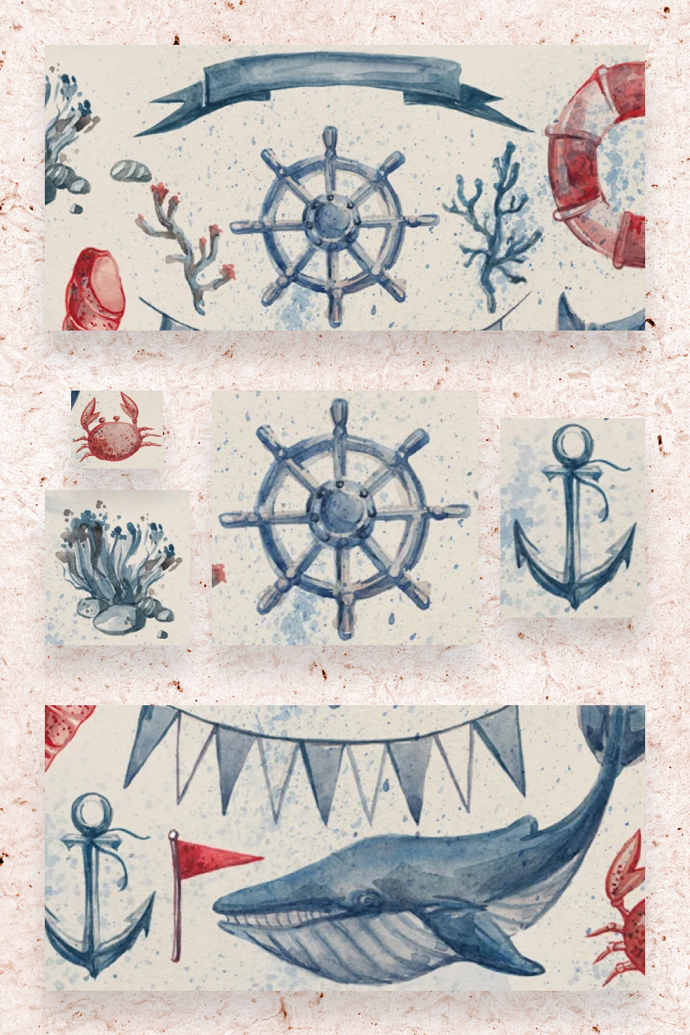 Great prints with an anchor, a rudder, and a whale.