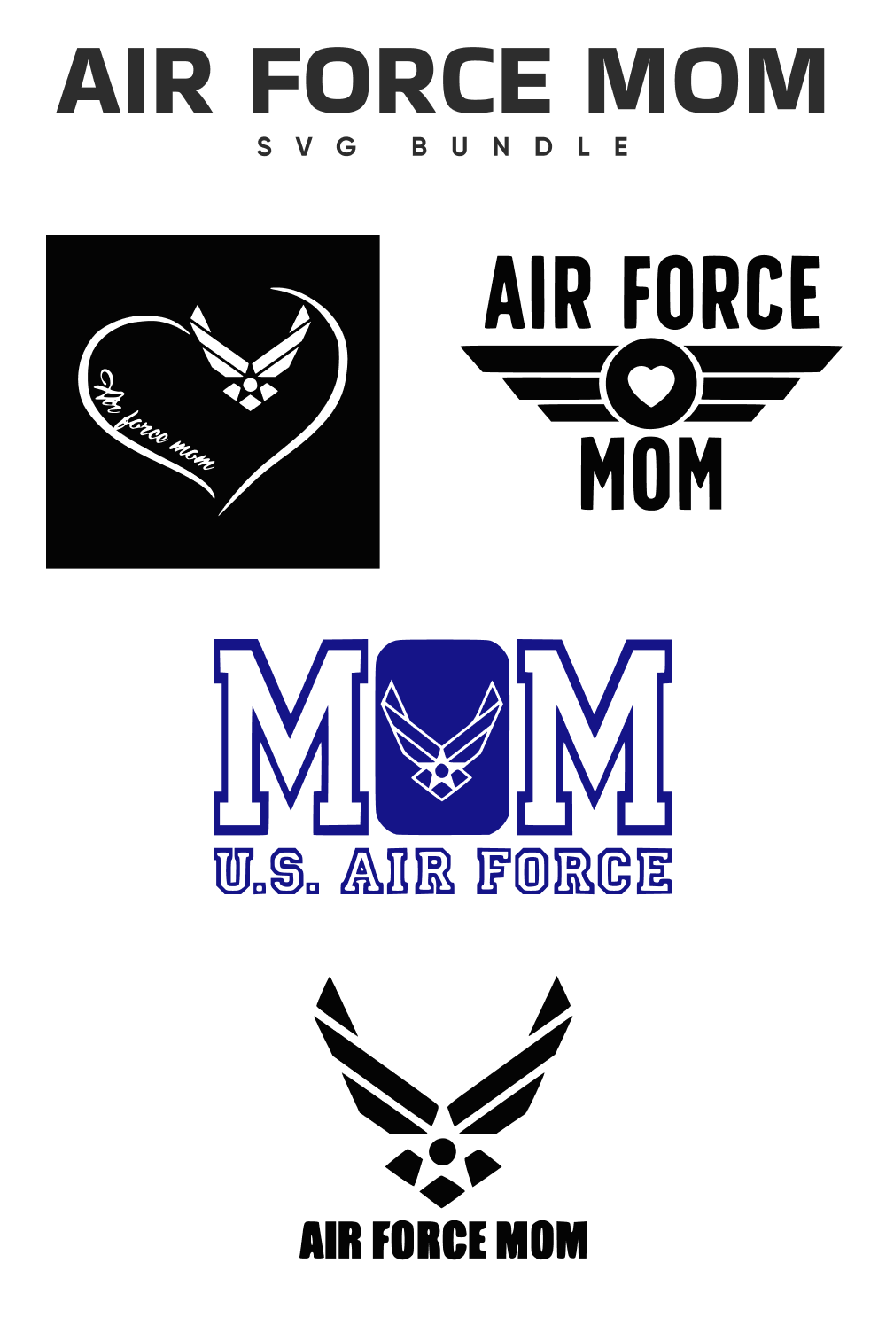 Four pictures of Air force mom SVG Bundle on the white and black backgrounds.