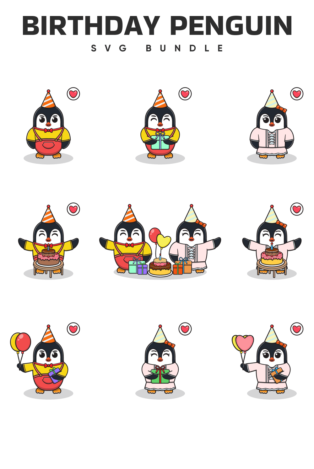 Bunch of cartoon penguins with birthday hats.