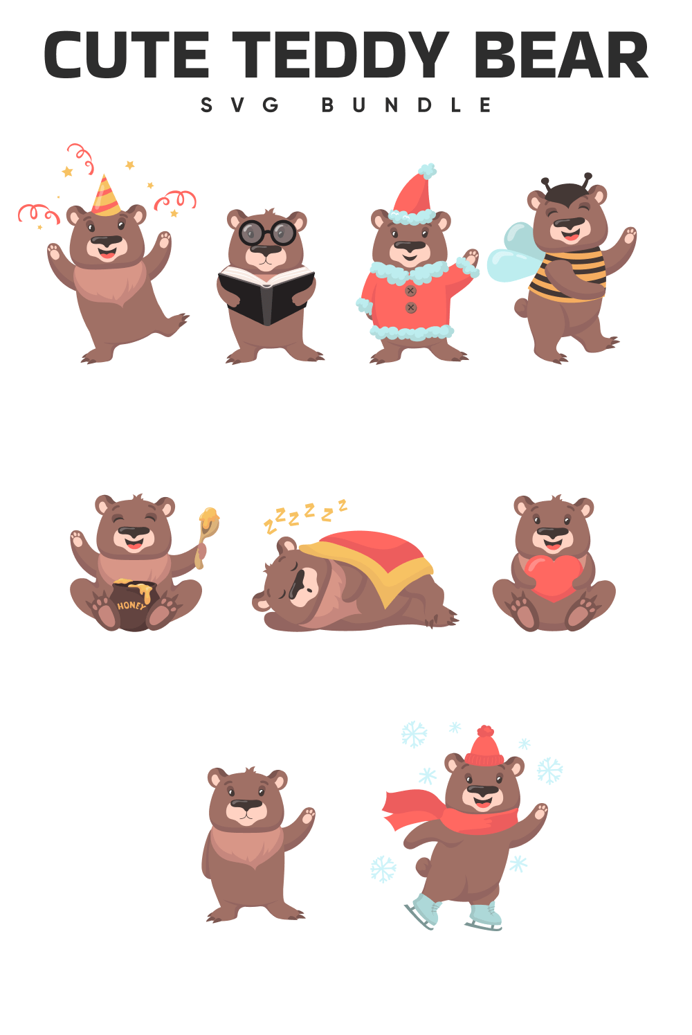 Bunch of cartoon bears with different expressions.