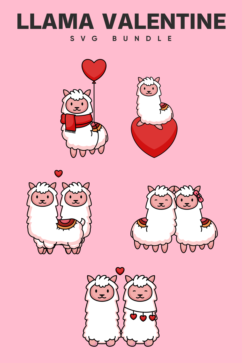 Bunch of llamas with a heart on a pink background.