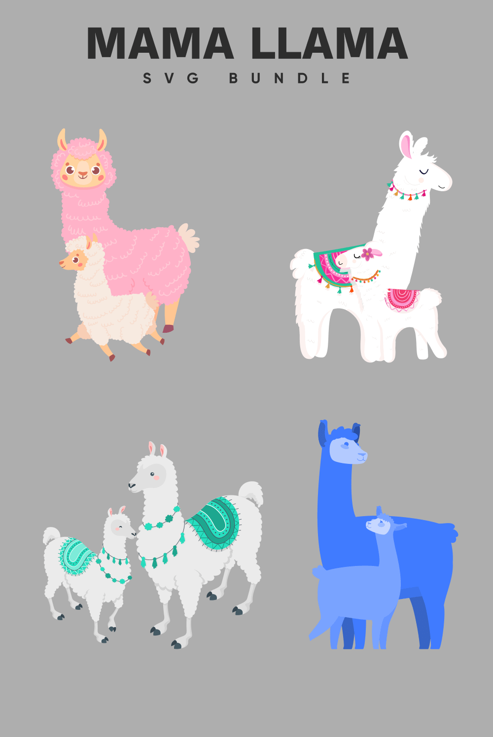 Group of llamas in different colors on a gray background.