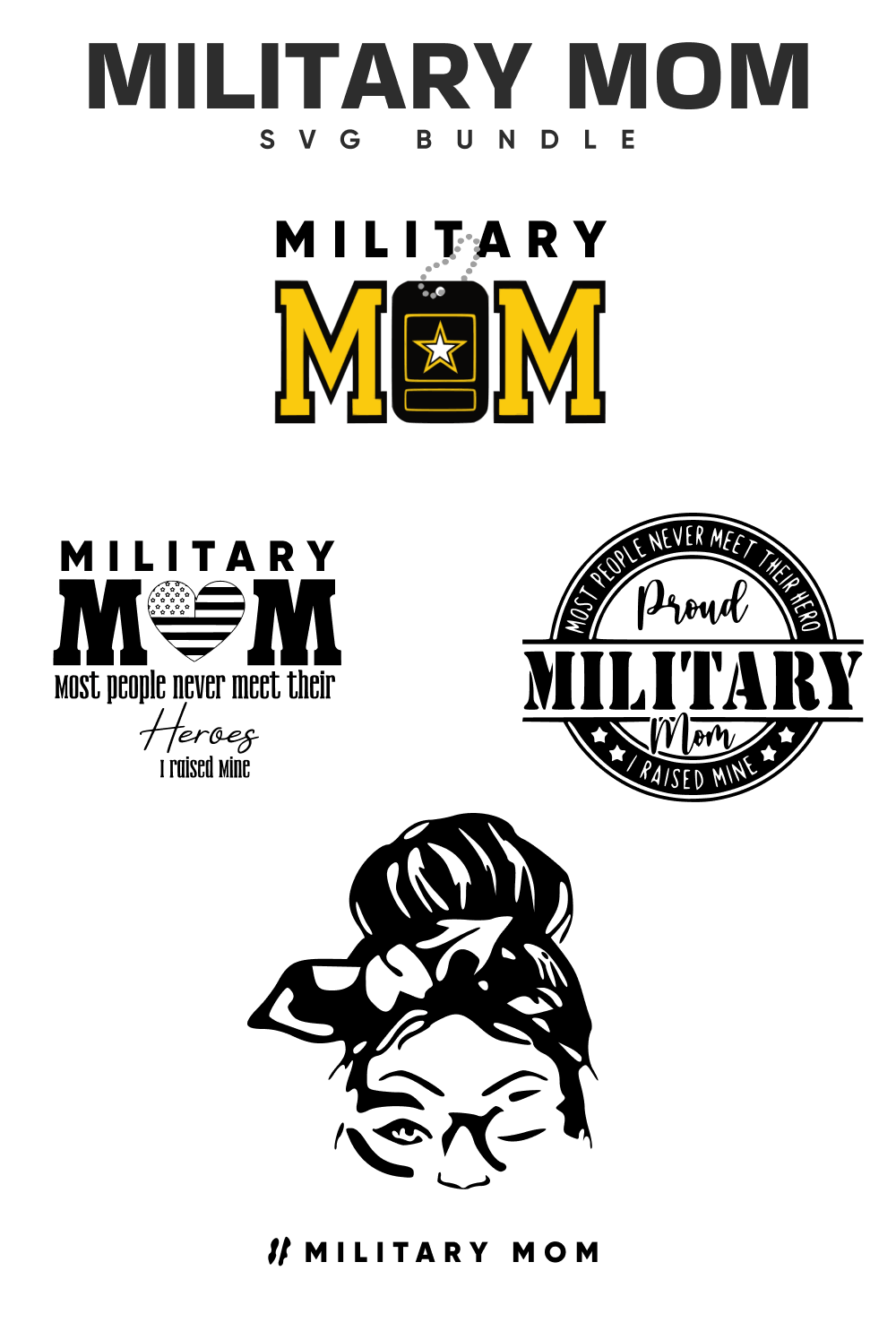 A large header and four black and white and yellow logos for the military mom.