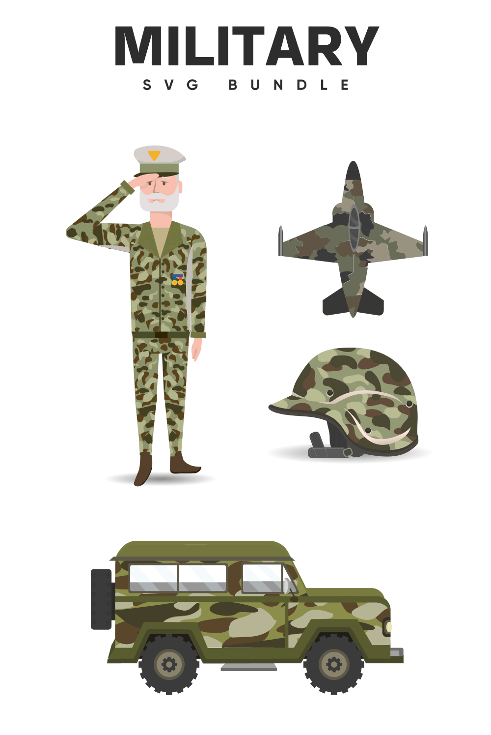 A military plane, a military car and a helmet.
