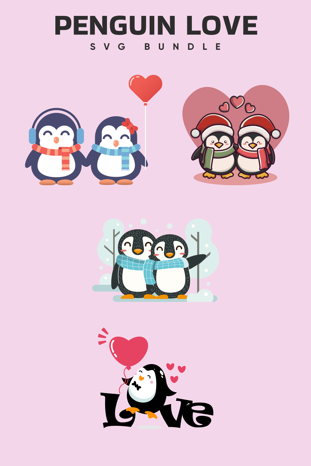Penguins in winter scarves on a background of hearts.