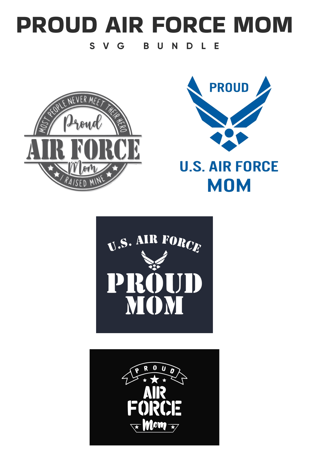 Logos of various shapes with inscriptions about the Air Force and mom's pride.