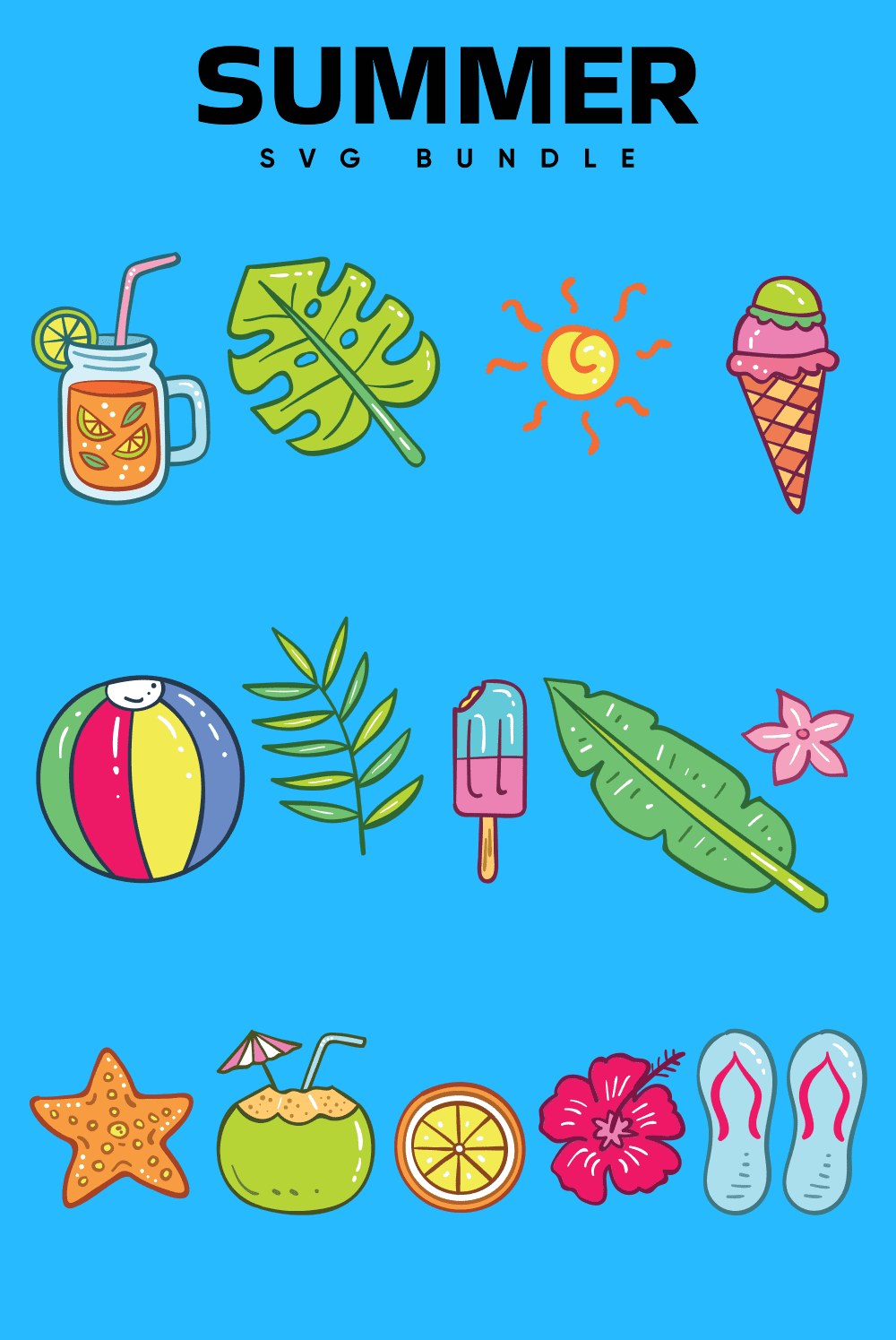 Cocktails with citrus fruits, tropical plants, starfish - summer SVG.