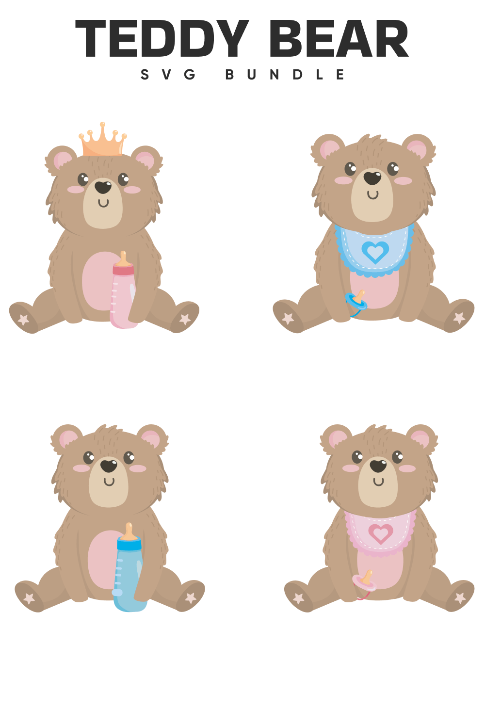 Small teddy bears with bottles and pacifiers.