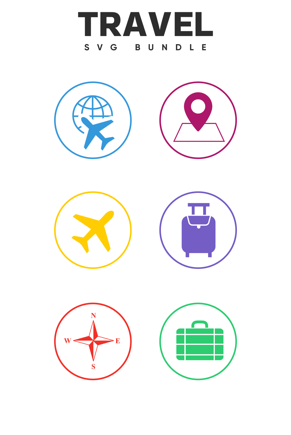 Travel markers with airplanes, geolocation and luggage.