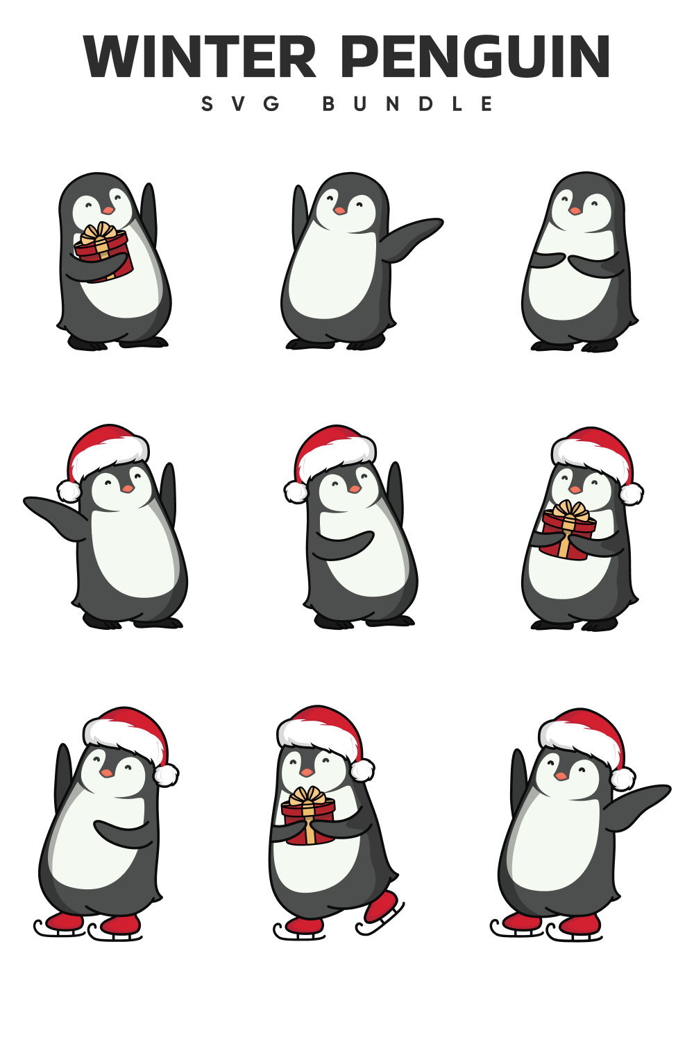 Winter penguins with presents in their paws.