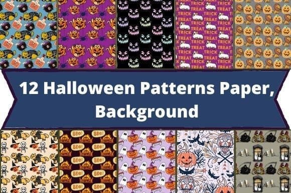 Paper patterns with images of pumpkins, witches' hats and skeletons.