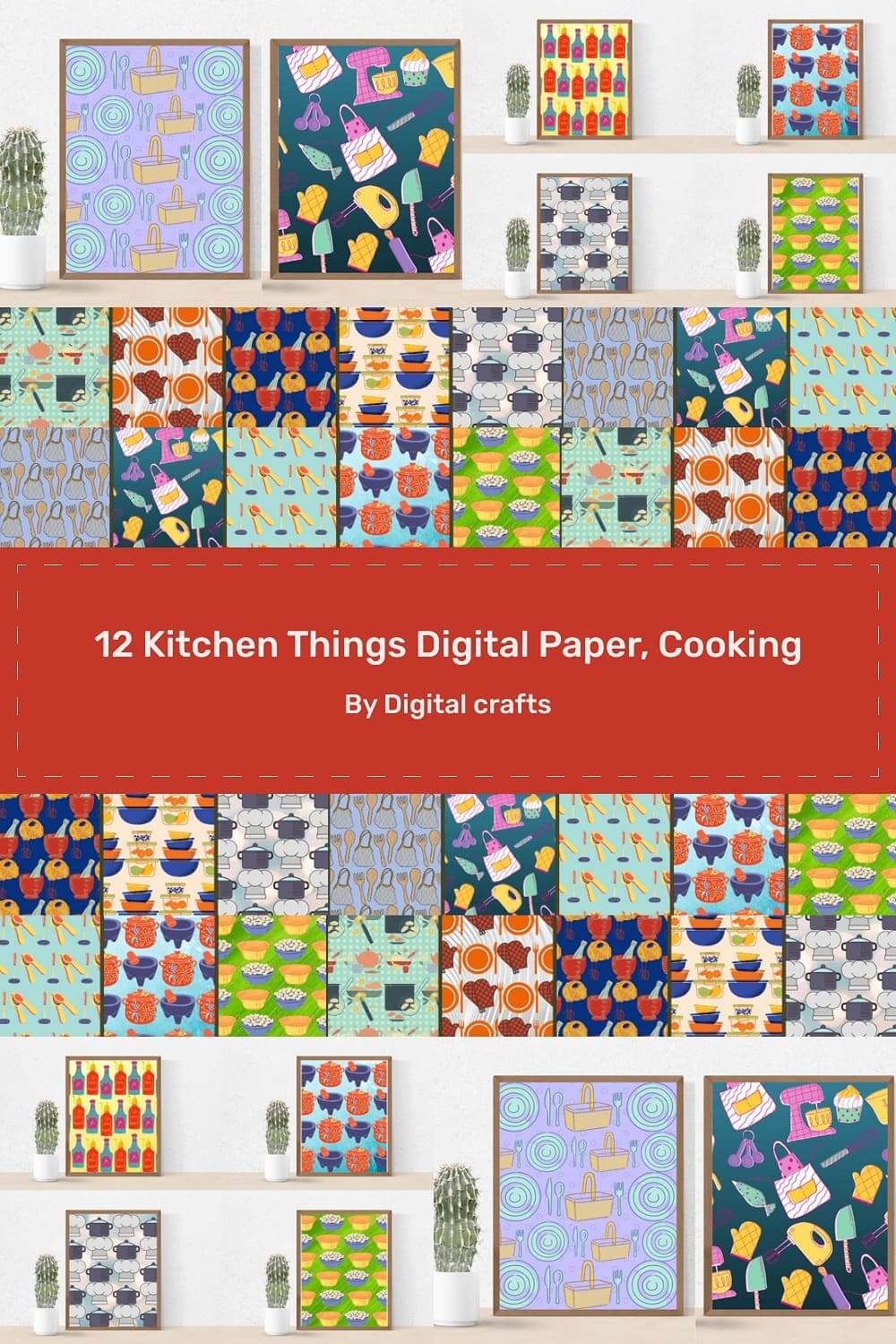 Kitchen patterns in blue, red and orange colors.