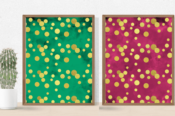 Green and burgundy backgrounds with yellow spots on two paintings.