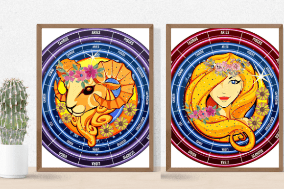 The two paintings depict an artistic rendering of the zodiac signs.