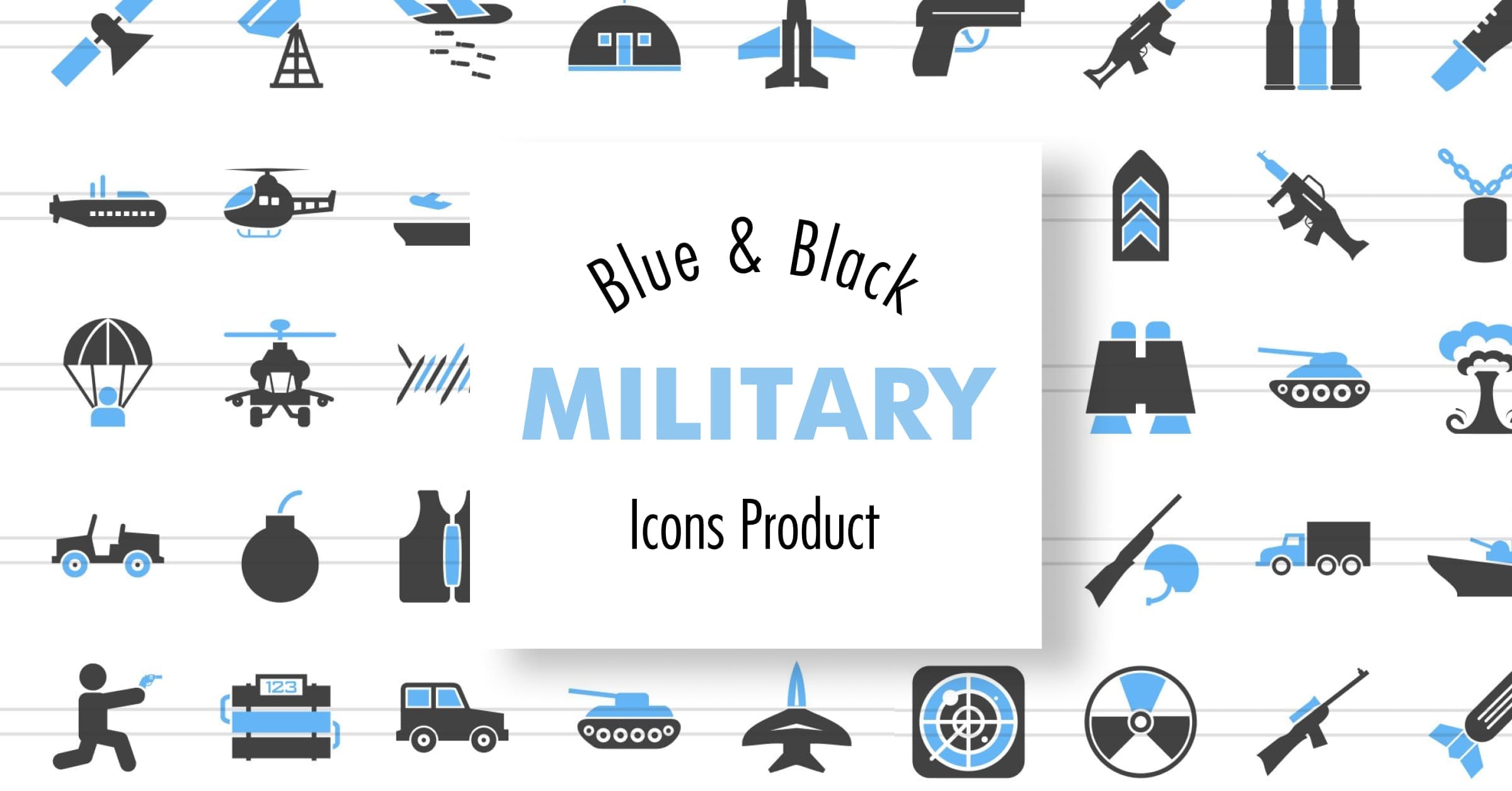 Airplanes with blue wings, a black man with a blue gun and other icons.