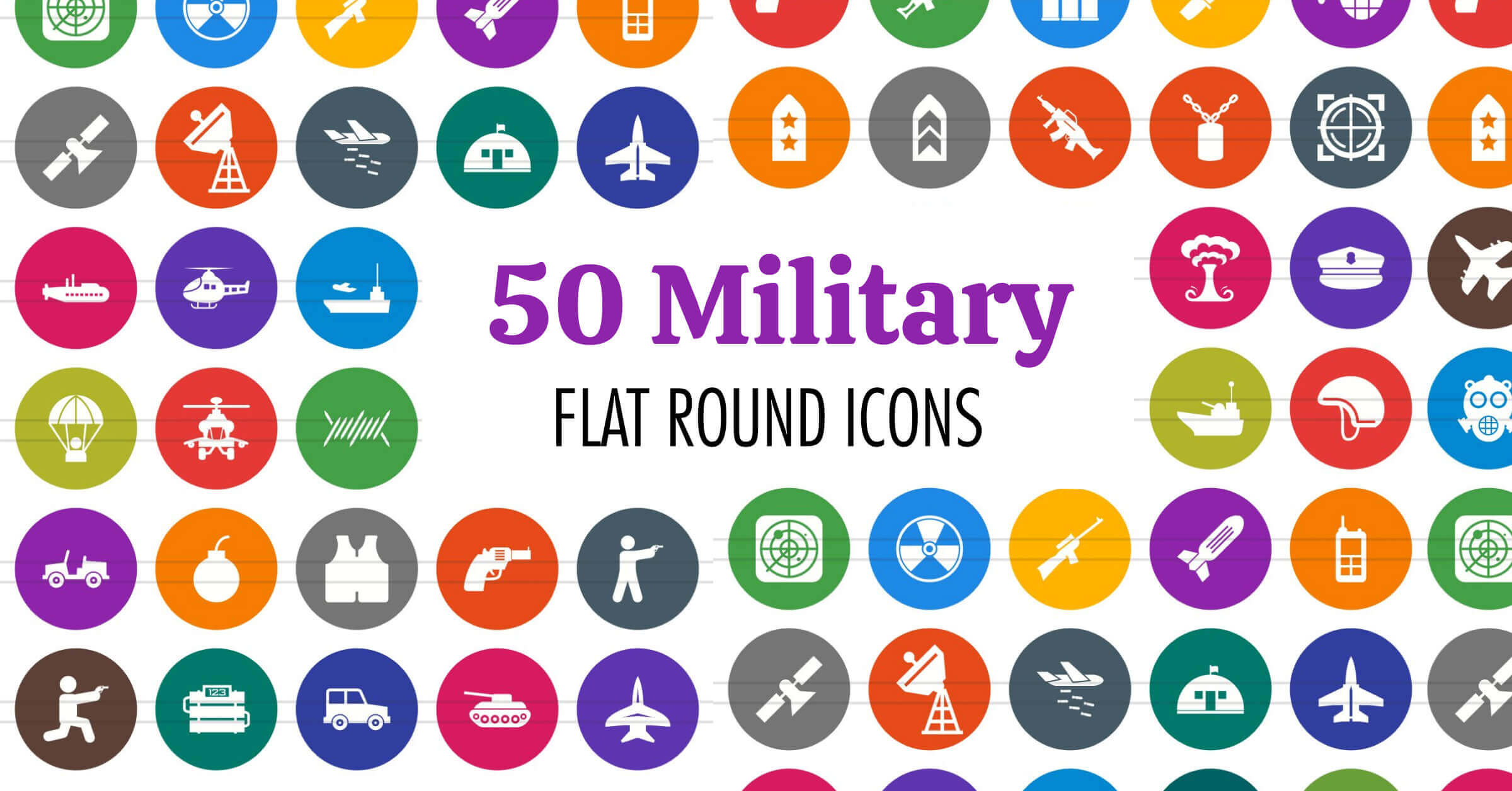 50 round icons depicting military objects.