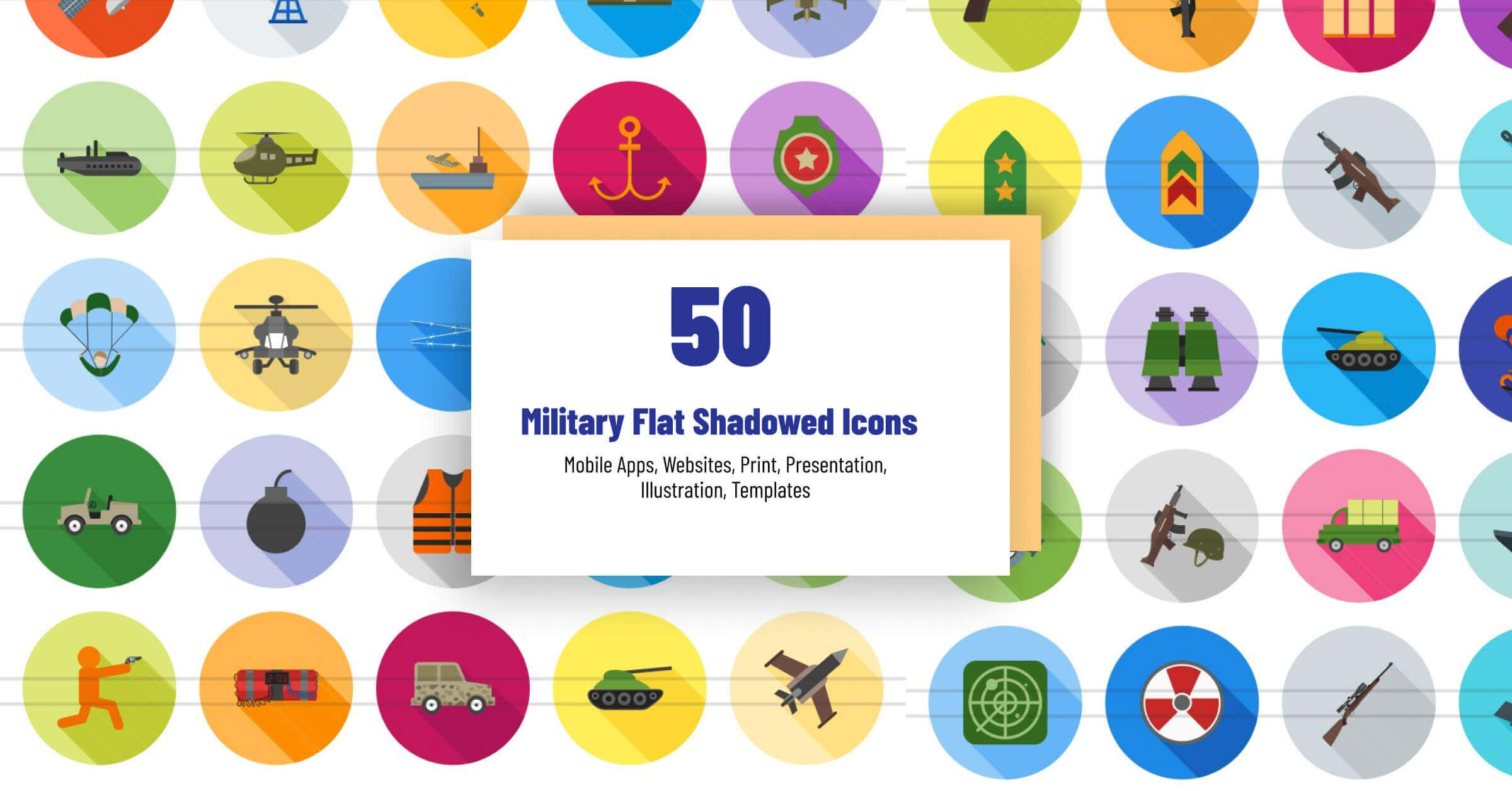 Multicolored backgrounds depicting military objects.
