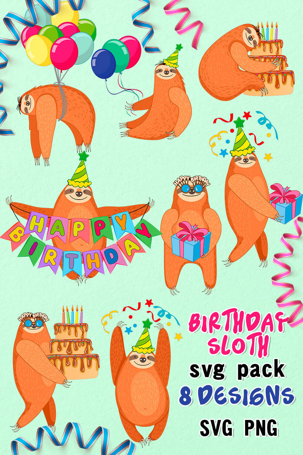 Birthday sloth svg pack and designs.