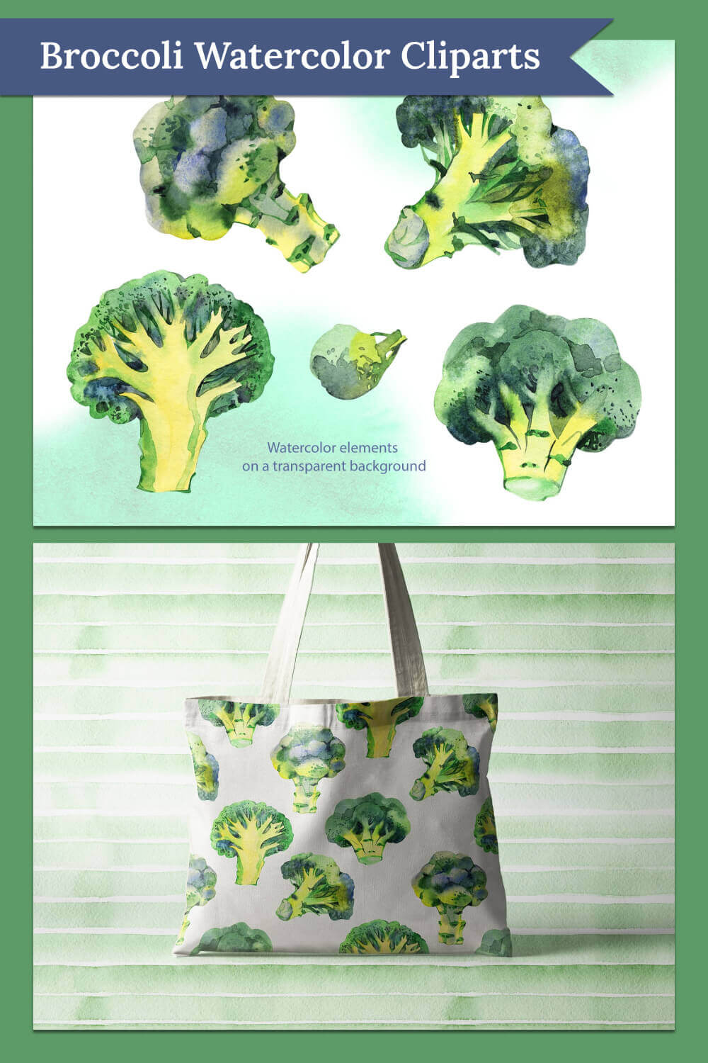 A watercolor green broccoli is depicted on a white bag.