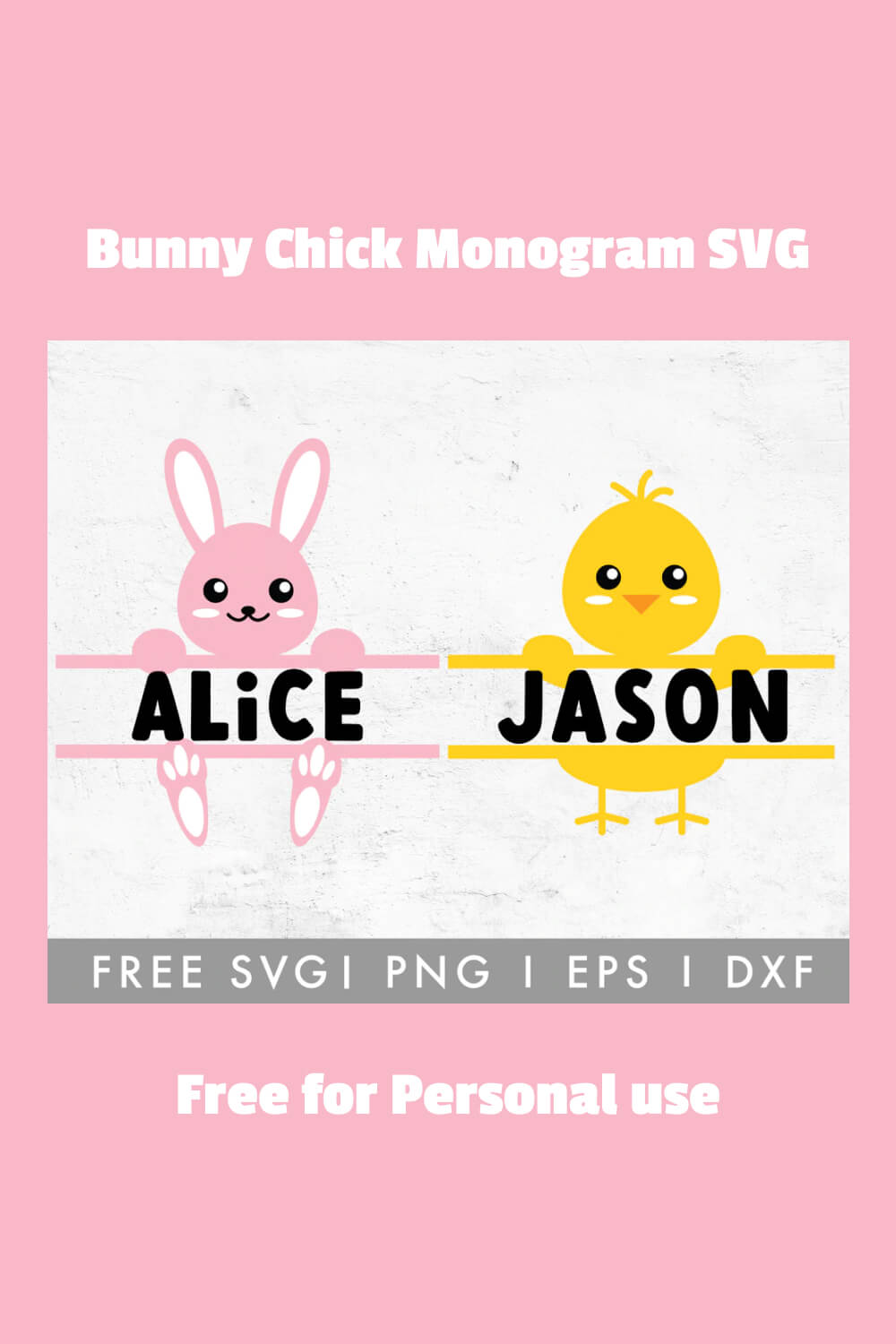 A pattern with the image of a pink rabbit with the inscription "Alice" and the image of a yellow chicken with the inscription "Jason".