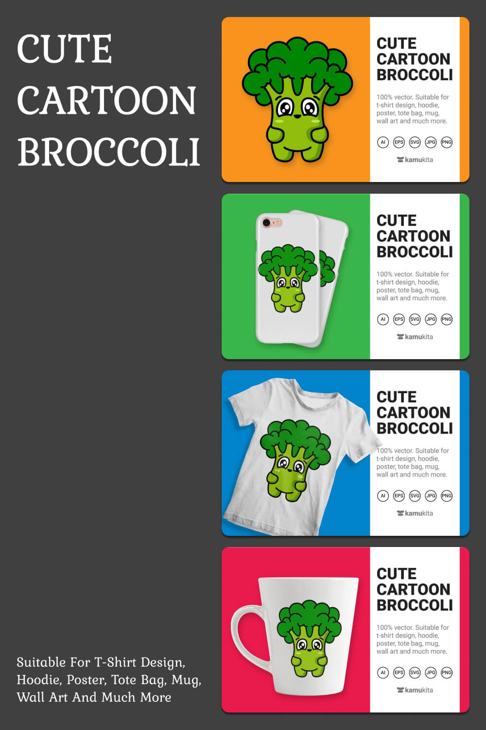 On bright backgrounds, cute broccoli is drawn on everyday things.
