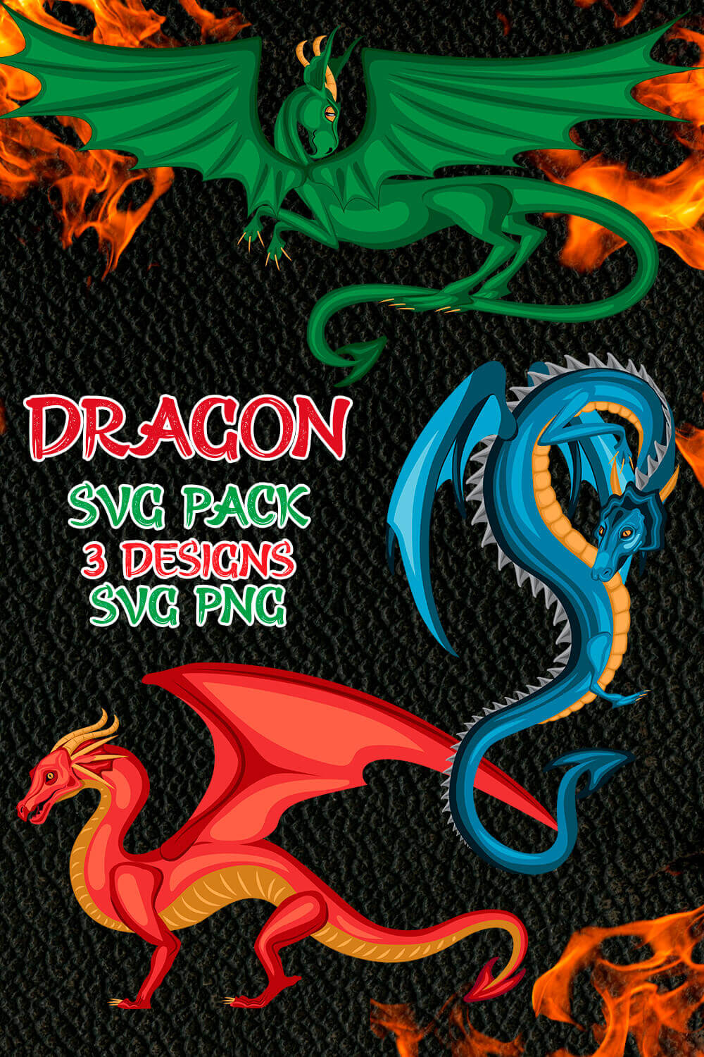 Dragon and a dragon with flames on a black background.