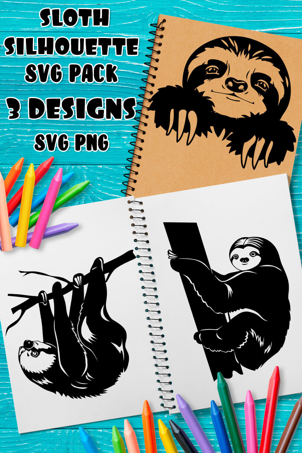 Notebook with a drawing of a sloth on it.