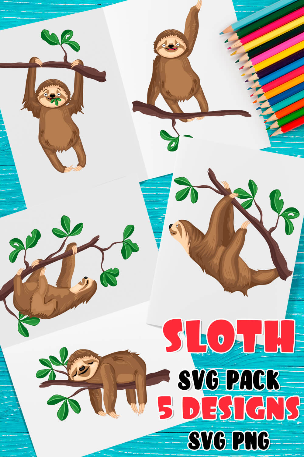 Set of four pictures of a sloth hanging on a tree.