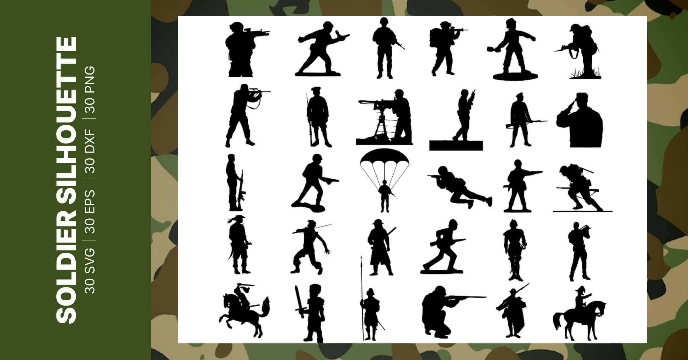 Black silhouettes of soldiers firing, marching and performing other exercises.