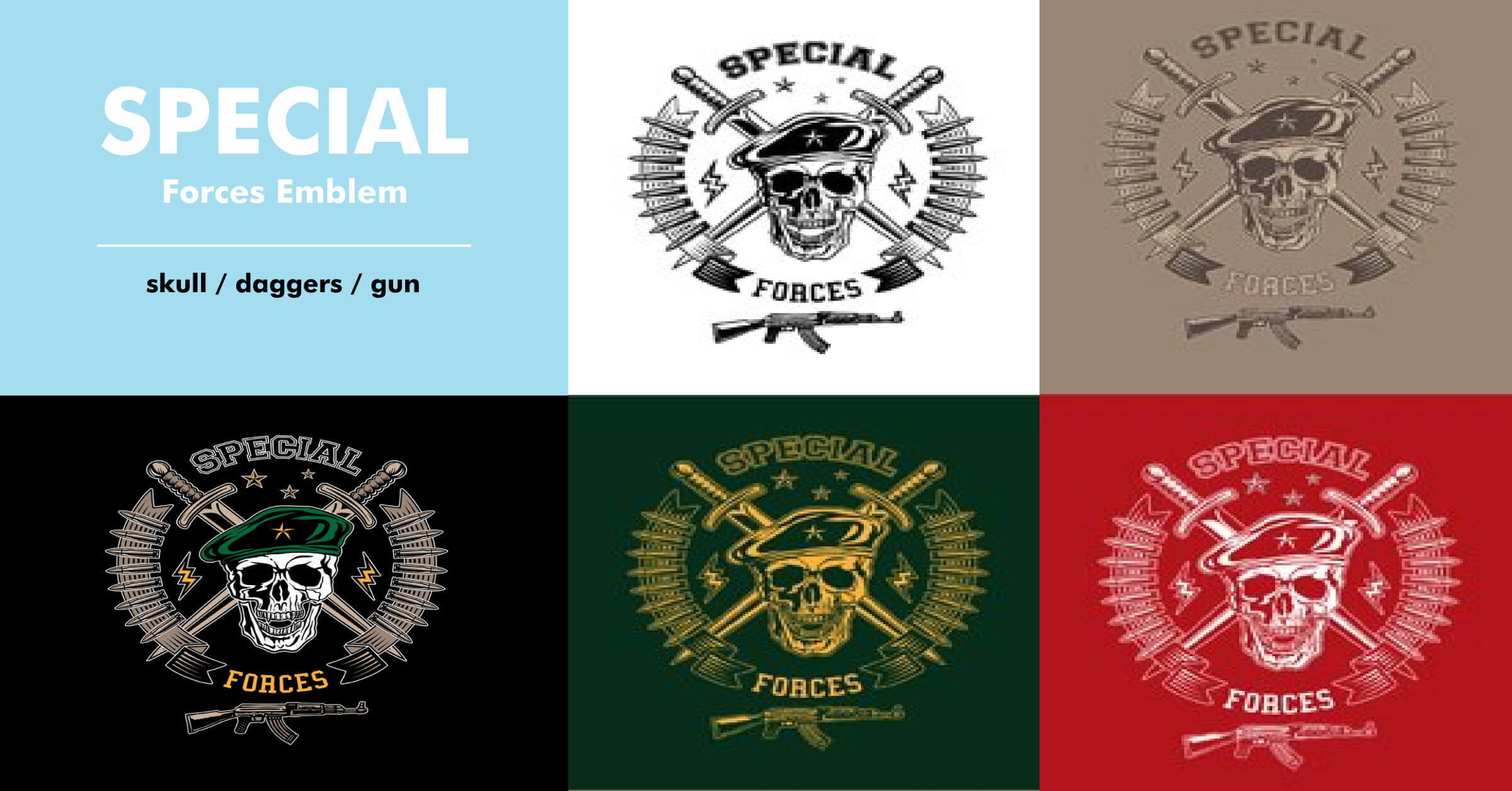 Special forces emblem on the black, red, green, grey and white backgrounds.