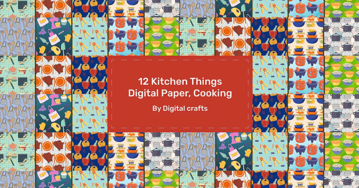 Images of plates, forks, aprons on kitchen patterns.
