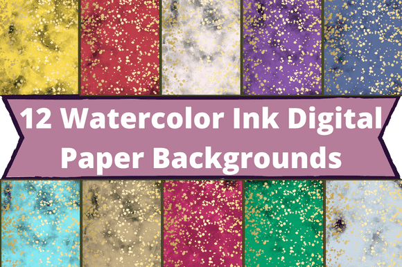 12 watercolor and ink patterns with gold flecks.