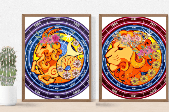 Two paintings with zodiac signs on a white background.