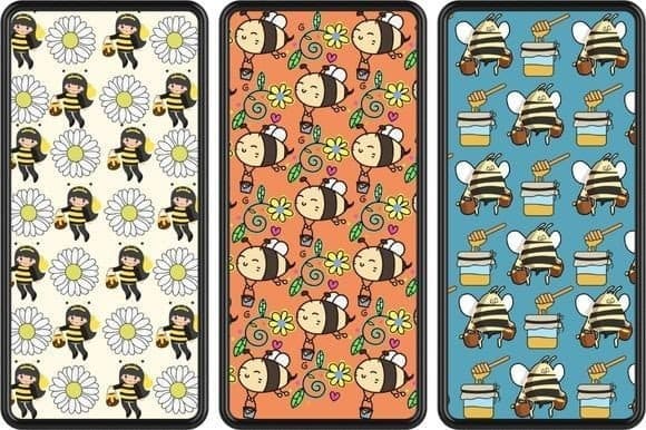 Three bee patterns on phone cases.
