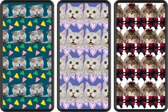 Three silicone covers with cute funny seamless patterns of cats.