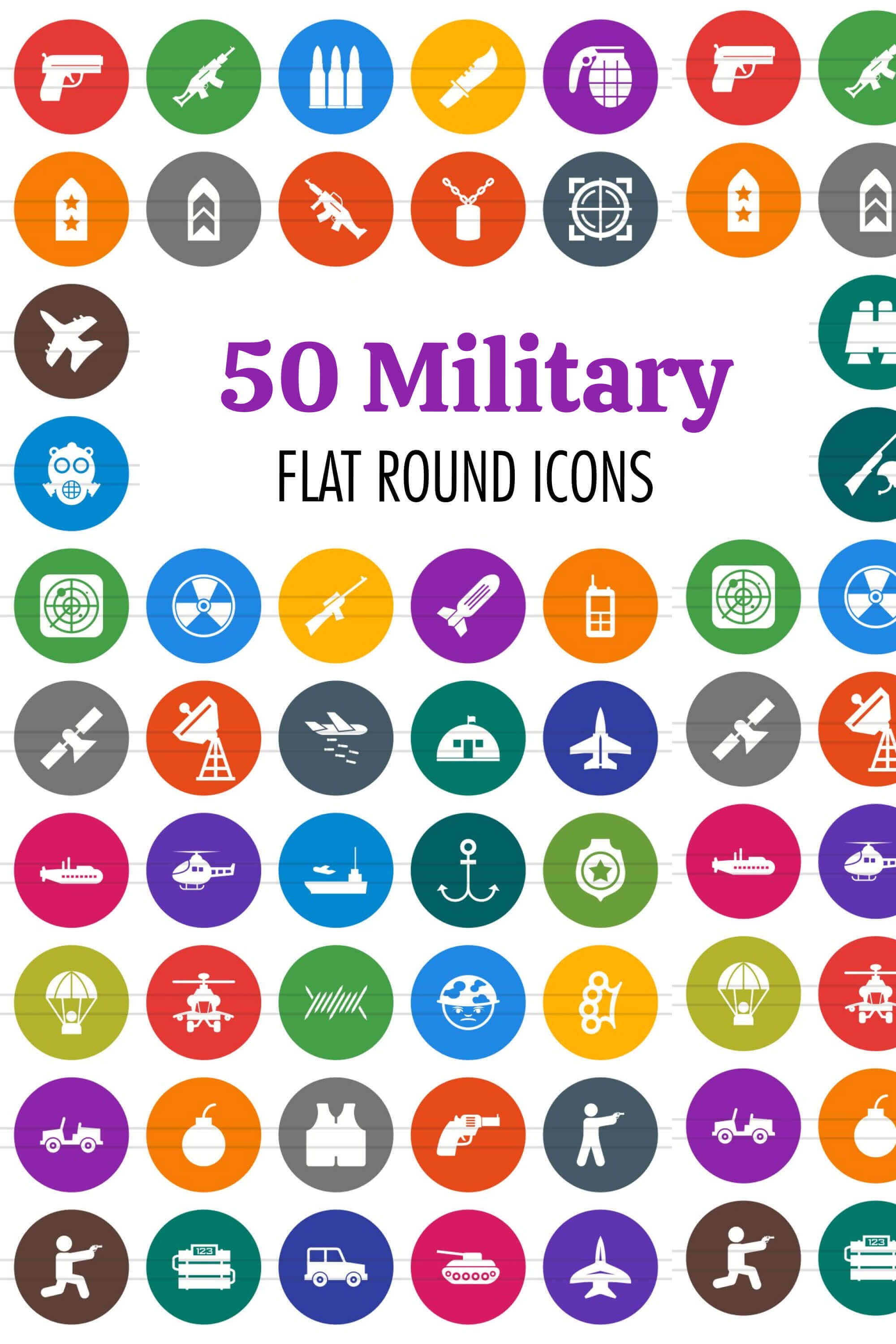 White bombs, white bullets and heavier equipment are represented by colored round icons.
