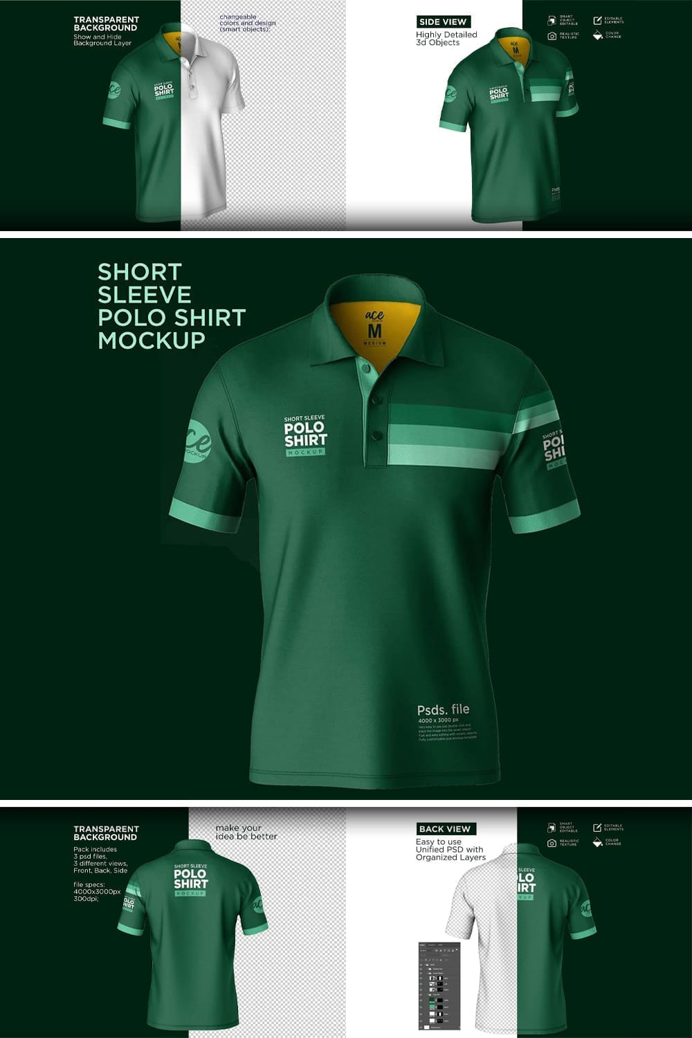 Short sleeve polo shirt mockup on the green background.