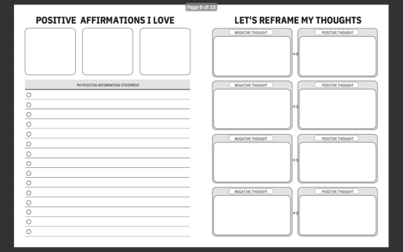 Two tables with titels: Positive affirmations i love, Let's reframe my thoughts.