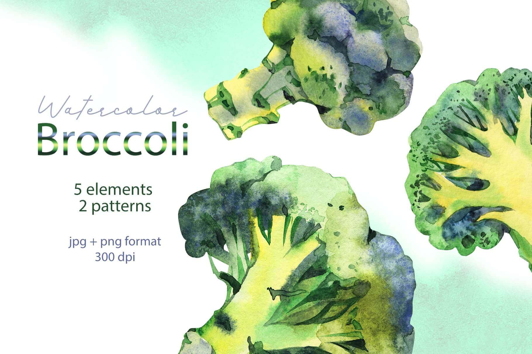 5 elements and 2 patterns of watercolor broccoli.