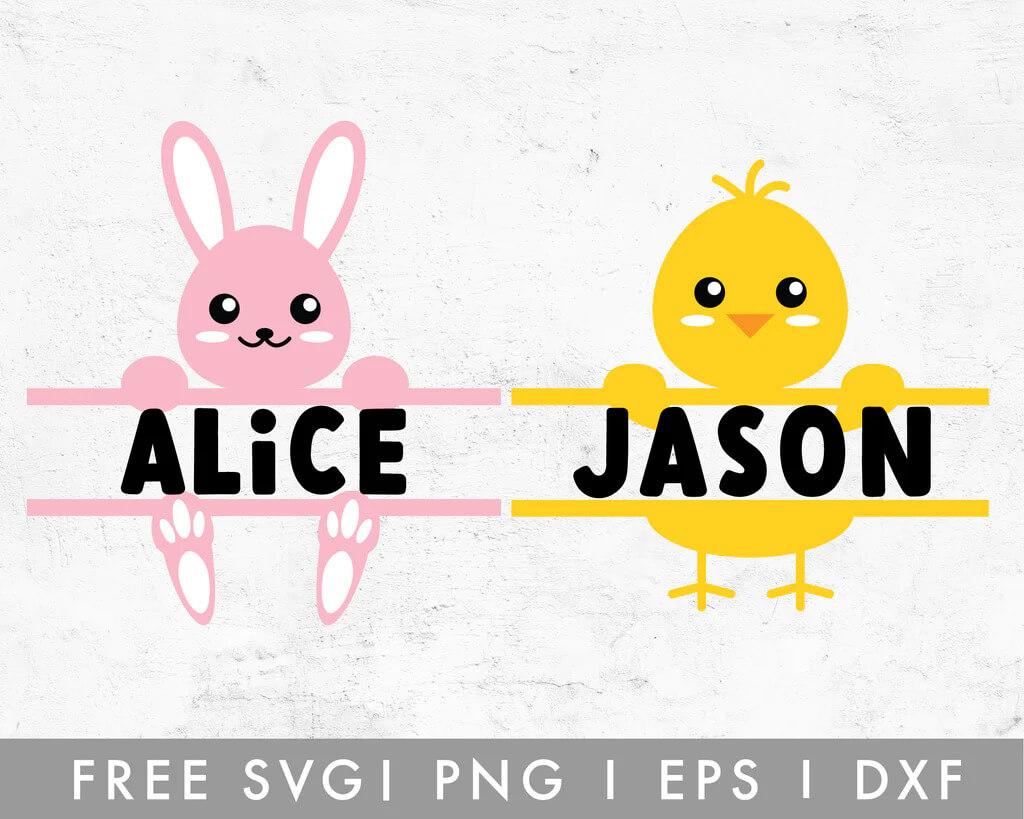 Free SVG, PNG, EPS, DXF with images of pink rabbit and yellow chicken.